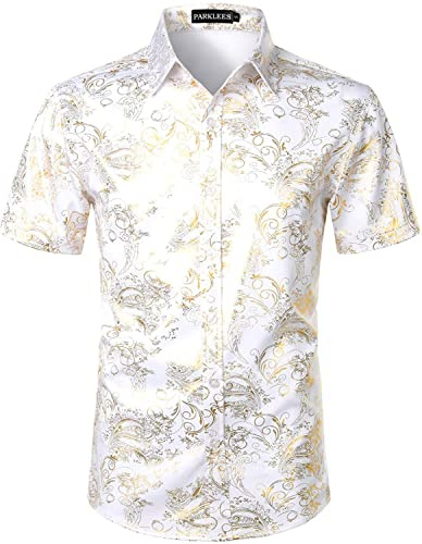 PARKLEES Chemises décontractées pour homme avec imprimé doré rose, coupe ajustée, à manches courtes, boutonnées, L