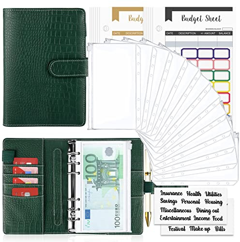 Budget Planner Budget Binder A6, Budgetplaner Geld Organizer mit Weiche Tasche, TAOPE Budget Binder Notizbuch A6 Cash Stuffing, Haushaltsbuch mit Geldfächer, Budget Planner Set Krokodilmuster Grün