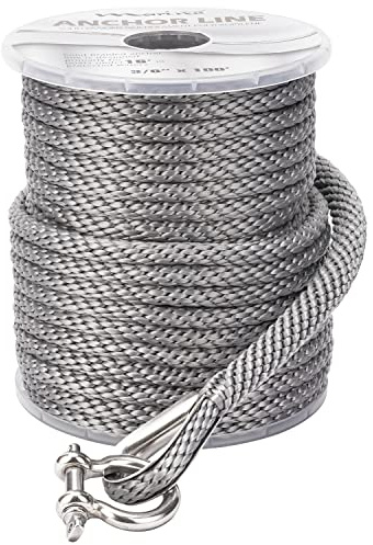MARINE SYSTEM Made 3/8 Inch 100FT 150FT Premium Solid Braid MFP Grey Anchor Line Braided Anchor Rope/Line with Stainless Steel Thimble and Shackle (3/8 x 100' Grey)
