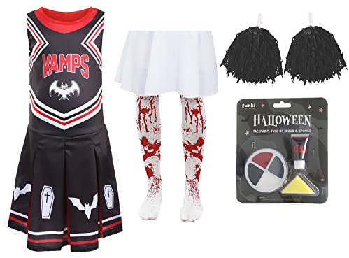 Mädchen Halloween Vampir Cheerleader - X-Large 13-14 Jahre - Schwarzes Cheerleader-Kleid mit schwarzen Pompons, blutigen Strumpfhosen, Kunstblut und Gesichtsfarbe