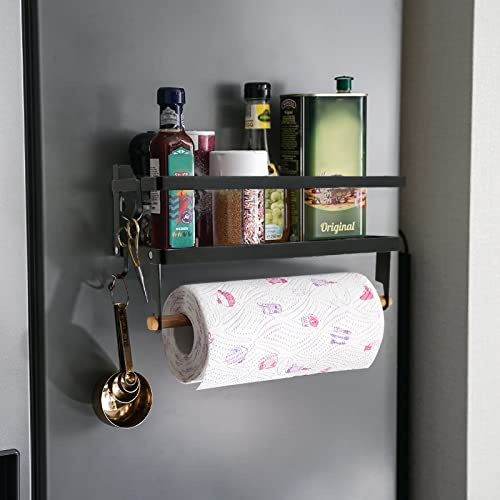 Spice Rack Magnetic Shelf with Paper Towel Holder Roll and 2 Hooks Foldable Spice Organizer Metal Refrigerator Seasoning Storage Stand Space Saving Kitchen Accessories for Home Kitchen