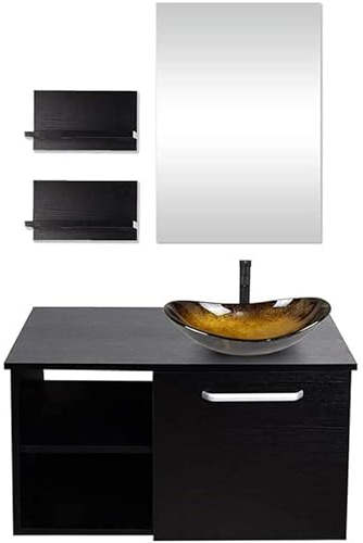 YU YUSING Ensemble de Meubles de Salle de Bain avec Lavabo et Miroir, Meuble de Salle de Bain avec Armoire de Rangement, Miroir, 2 Étagères Murales, Vasque à Poser, Ensemble de Robinets (Doré Moderne)