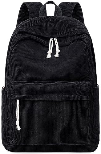 Bluboon Schulrucksack, Mädchen, niedliche Cord-Büchertasche, Kinder-Rucksack, Laptop-Rucksack, Geschenke für Frauen, Cord, Schwarz, Large, Tagesrucksäcke