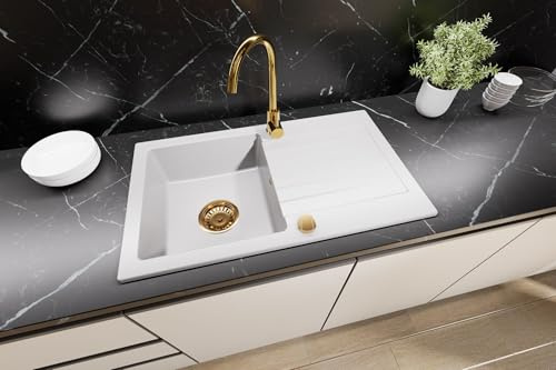 Faizee Home | Granitspüle Weiß mit Gold Armatur – Küchenspüle 75x44 cm | Inkl. Siphon-Set Gold | Reversibel, kratzfest & hitzebeständig | Spülbecken für Unterschrank ab 45 cm