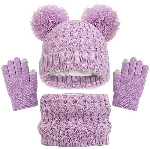 Baynetin Kinder Wintermütze Schal Handschuhe Mädchen Set,Winter Beanie Hut, Schal, Handschuhe Set, Warme Beanie Hut Jungen Touchscreen Handschuhe Runder Schal für Kinder 2-8 Jahre