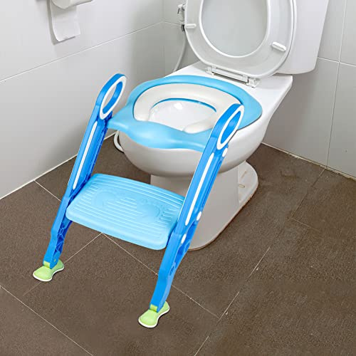 Faltbar Toilettensitz Kinder mit Treppe, Klappbarer Kindertoilette, Töpfchen mit Leiter &PU Gepolstert, Toilettenaufsatz für Kinder, Klositz für Kinder (Hellblau+Blau)