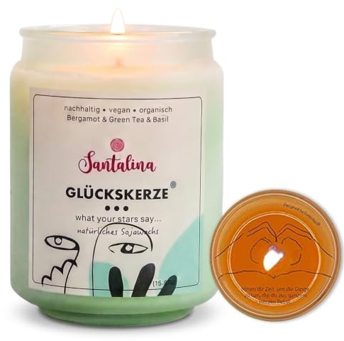 Santalina Duftkerze mit versteckter Botschaft, Bergamotte, Grüntee & Basilikum, 450 g Sojawachs, Holzdocht mit Knistern, Aromatherapie Kerze, Geschenk für Frauen