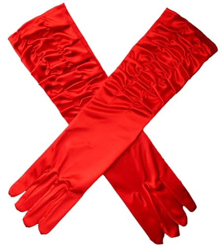 Asudaro Satin Brauthandschuhe Plissierte Abendhandschuhe Mittellange Hochzeitskleid Handgelenk Lange Finger Handschuhe Braut Hochzeit Shows Urlaub Parteien Proms und Bankette Hand Dekor Rot