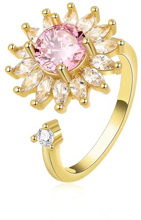 Anxiety Ring Spinner Ringe,Anti-Stress-Ring, verstellbar, Fidget-Ringe, Damen, vergoldet, Spinner, Stimmungsring, Zirkonia, Sonnenblume, Gänseblümchen, Ringe-Stil C