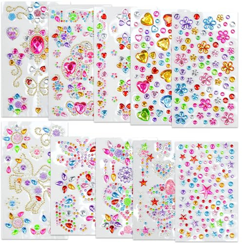 Bunt Glitzersteine, STCRERAG 10 Blätter Glitzer Strasssteine Acryl Glitzersteine Hochglanz Glitzerstein-Aufkleber DIY Glitzersteine zum Basteln Selbstklebend Strasssteine für Clipart Geschenke