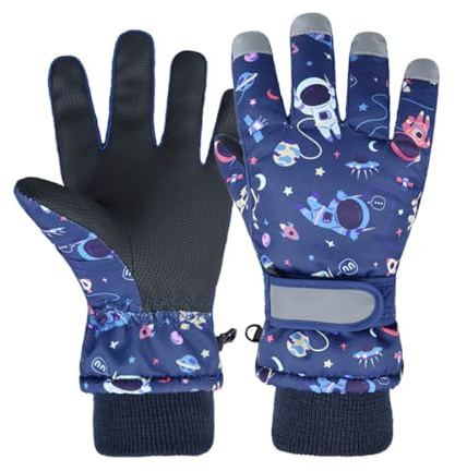 FAYHIJUN Gants d'Hiver Pour Enfants de Ski et Neige - Pour Filles et Garçons de 1 à 13 Ans - PU Palmier Imperméable Coupe-Vent Polaire Chaude - Gants de Vélo (Bleu Espace, XS)