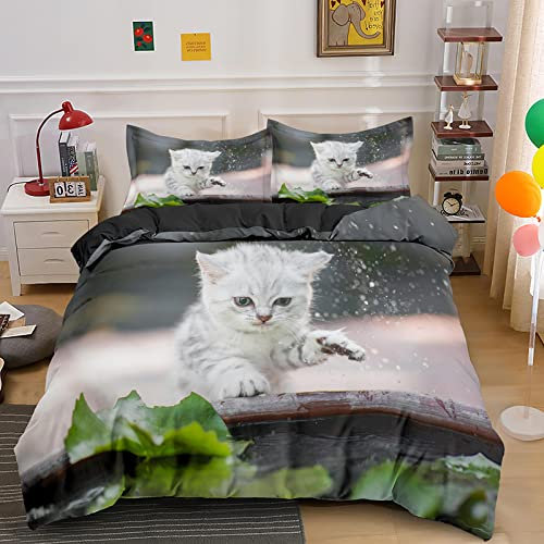 CHCHNXY Bettwäsche 200x200,Katze 3 Teilig Weich und Atmungsaktiv Bettwäsche-Set,für Jugendliche Erwachsene 1 Bettbezüge mit Reißverschluss und 2 Kissenbezug 80x80cm