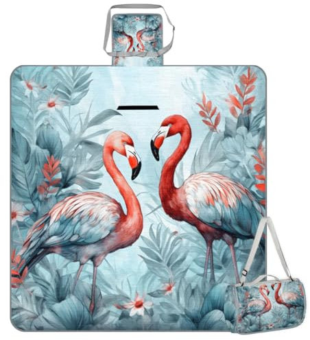 WowPrint Picknickdecken, 150 x 145 cm, tropische Blume, Flamingo, faltbar, Outdoor-Stranddecke, wasserdichte Matte für Familie, Strand, Camping, Wandern, Picknick