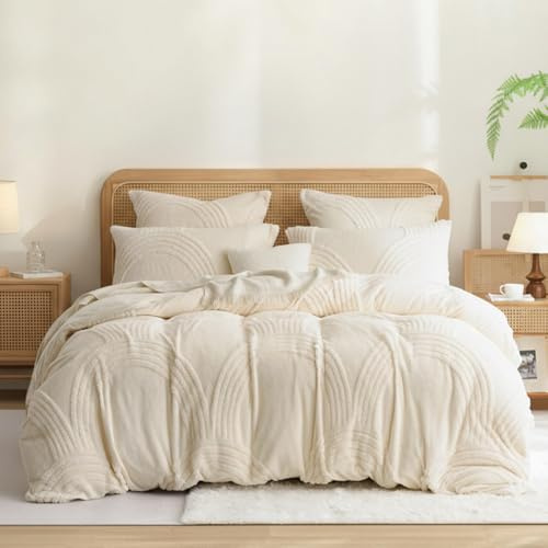 Nayoroom Fluffy Duvet Cover Queen Size Beige Rainbow Tufted Reversible Velvet Flannel Comforter Cover 3 Pcs Winter Warm Soft Plush Fuzzy Bedding Set with Zipper Closure