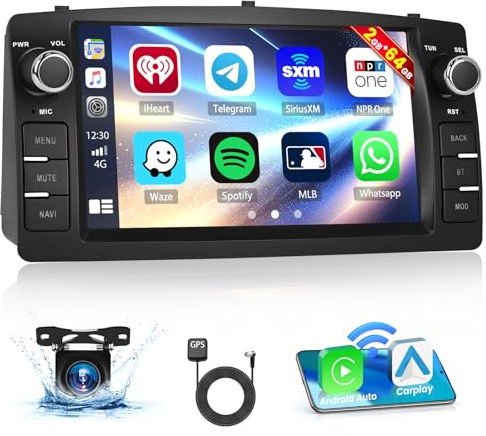 Inefala 2G+64G Android 15 bilradio, 2 DIN stereo för Toyota Corolla E120 2000-2006, 7-tums pekskärm Carplay med trådlös Carplay och Android Auto GPS WiFi BT RDS/FM USB SWC mikrofon backkamera
