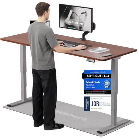 DESKSPACE PRO Plus Elektrisch höhenverstellbarer Schreibtisch (200x80 cm) | Bürotisch mit Kollisionsschutz, Memory-Funktion, USB-Anschluss, 10 Jahre Garantie (Gestell grau, Tischplatte Mahagoni)