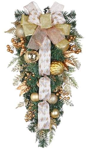 Hollyone Weihnachten Tropfen Girlande 70cm Weihnachtsdeko Teardrop Swag Gold mit Weihnachtskugeln Beeren Glitzerblätter und Schleife Weihnachtstropfen Hängende Ornamente für Haustür Wand Kamin Deko