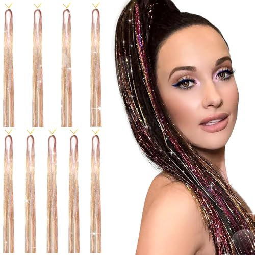 JSTHHTT 1800 Glitzer HaarsträHnen Kit GlitzersträHnen Lametta FüR Haare, Hair Tinsel Hair Fairy, Goldbraun 120cm Glitzer Haar Lametta, Haarschmuck Bunte HaarsträHnen Kinder FüR MäDchen