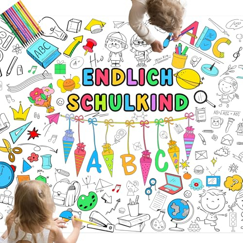 Ausmal Tischdecke Einschulung,mit 12 Farbstifte,Tischdeko Einschulungs