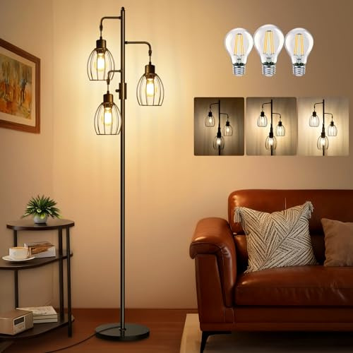 AmazeFan LED Stehlampe Dimmbar, 172cm Stehlampe Wohnzimmer mit 3 x 800LM LED-Glühbirnen, Käfig Lampenschirm aus Metall, Moderne Stehleuchte für Kinderzimmer, Büro, Wohnzimmer, Ecke Nachttischlampe