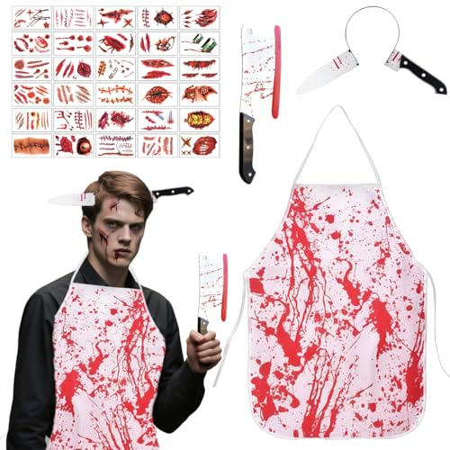 Aethryon Halloweenslaktarkostym för män och kvinnor, läskig slaktarkostym, skräckset inkl. Blodigt förkläde, kniv med blod, kniv i huvudet och zombie tatueringar för halloween kostymfest
