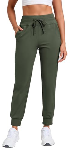 Oyamiki Joggingbyxor, dam, fleecefodrade sportbyxor, vattentäta, varma byxor, elastiska termobyxor, hög midja, fritidsbyxor, sweatbyxor, joggingbyxor med fickor, Armégrön, S