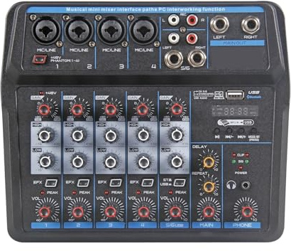Controladora DJ, Consola mezcladora de for DJ con tarjeta de sonido Bluetooth for grabación en PC, micrófono, mezcla de instrumentos, interfaz de