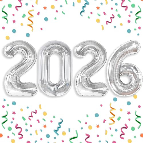 2026 Balloons Silver 2026 Balloon Numbers - 40 Inch Happy New Year Foil Balloons 2026 for New Year Eve Party Supplies Birthday Graduation Anniversary Decorations