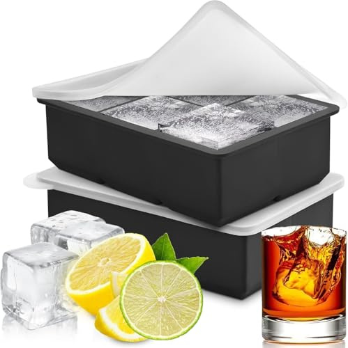 Large Ice Cube Tray Set with Lid, Food Grade Silicone 6 Square Moulds, 2-Pack, Stackable Design for Cocktails and Whiskey