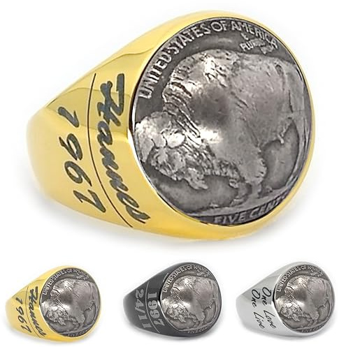 Generisch Siegelring Münzring USA 5 Cent Buffalo Nickel 1913-1938 Herren | American Bison, Edelstahl, Personalisierbar, Schwarz, Gold und Silber, Original Münze mit Schmuckbeutel