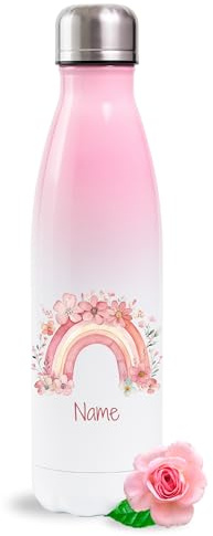 GRAZDesign Personalisierte Regenbogen Trinkflasche 500 ml Rosa/Weiß mit Namen bedruckt – Kinder Edelstahl Thermosflasche für Mädchen, Einschulung, Kindergarten