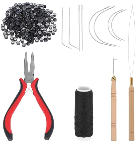 Kit di Strumenti per Estensioni Capelli Neyauo, 200 pezzi di Perline in Silicone, 1 Rotolo Filo da Cucito, 1 Pinza per Capelli a Tre Fori, Ago con Gancio, Infila Ago a Cappio, 8 Aghi da Cucito, Nero