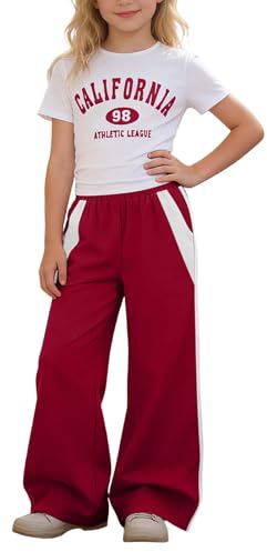 Vuncio Ensemble Enfant Fille Ete a la Mode Pantalon Et Tee Shirt Manche Courte Ado Fille Chic Et élégant Légère Fluide Baggy Vacances Décontracté Fête 7-12 ans