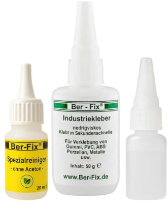 Ber-Fix® Industriekleber dünnflüssig – Universal 50g + Leerflasche | mit Reiniger; Kapillarwirkung für feine Risse; 2-10 Sekunden