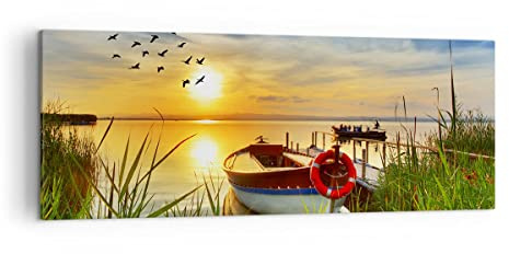 Bilder auf Leinwand Boot See Sonnenuntergang Sommer Menschen Leinwandbild 140x50cm Wandbilder Dekoration Wohnzimmer Schlafzimmer Groß XXL Wanddeko Bild Wand Kunstdruck Art Decor Canvas AB140x50-3053