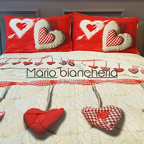 Completo Lenzuola In Flanella, Per Letto Matrimoniale 2 Piazze, Modello Europa Disegno Cuore Colore Rosso