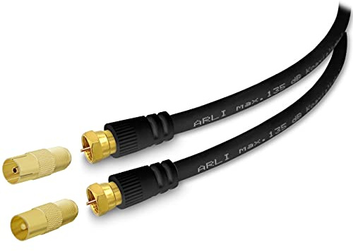 ARLI 5m TV Antennenkabel schwarz – max. 135 dB 5-fach geschirmt | vergoldete F-Stecker & IEC Adapter Antennenstecker Antennenbuchse | DVB-C DVB-T2 DAB+ 4K 8K HDTV Anschlusskabel