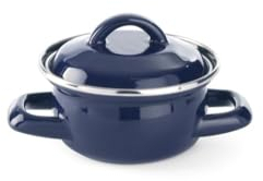 HENDI Cazuela con tapa, olla, para sopas y salsas, para cocinar y servir, sólo apta para cocinas de gas, 0.3L, ø115x(H)90mm, acabado esmaltado azul, reborde de acero inoxidable