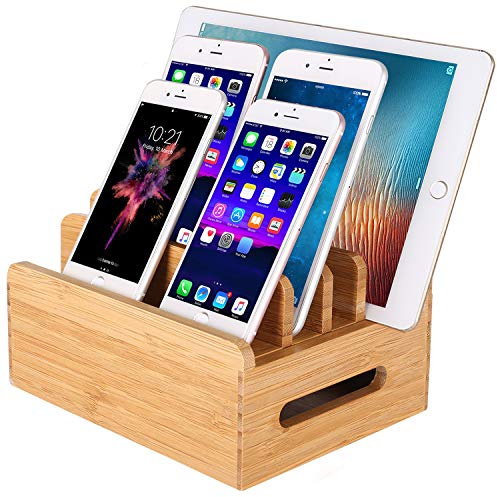 MOZOWO Ladestation aus Bambus Holz Mehrere Geräte Ladegerät Ladestation Ladegerat Halterung Ständer compatible with iPhone 12 11 Pro MAX XS XR X 8 7 6 6S Plus Samsung LG Sony Smartphones Tablets