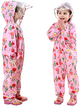 Baogaier Impermeabile da Pioggia Bambini Antipioggia Tuta con Cappuccio Ragazze Rosa Floreale Poncho Portatile Sportivo Jogging Tutto in Uno Giacche Impermeabili Bambino Bimba Scolaro 5-7 Anni