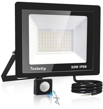 Toobettp Rörelsesensor LED-strålkastare 50 W, 5 000 lm varm vit utomhus 3 500 K IP66 vattentät för trädgård, garage, torg, uteplats