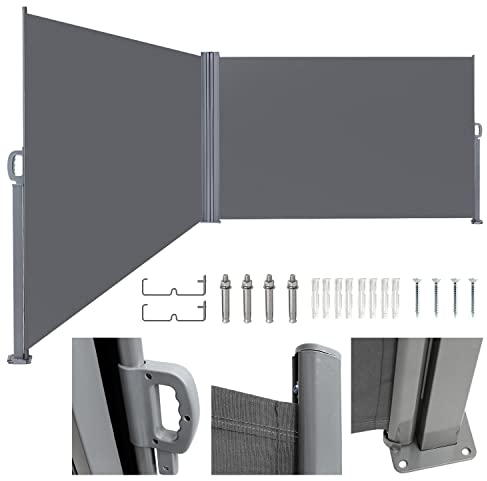 Herrselsam Doppelseitenmarkise, 180x600cm Seitenmarkise Wandmarkise Ausziehbar Markise Sichtschutz Sonnenschutz Windschutz für Balkon Terrasse Garten Camping, Grau