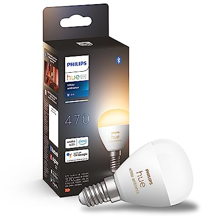 Philips Hue White Ambiance E14 LED Lampe (470 lm), dimmbares LED Leuchtmittel für das Hue Lichtsystem mit warm- bis kühlweißem Licht, smarte Lichtsteuerung über Sprache und App, 1er Pack