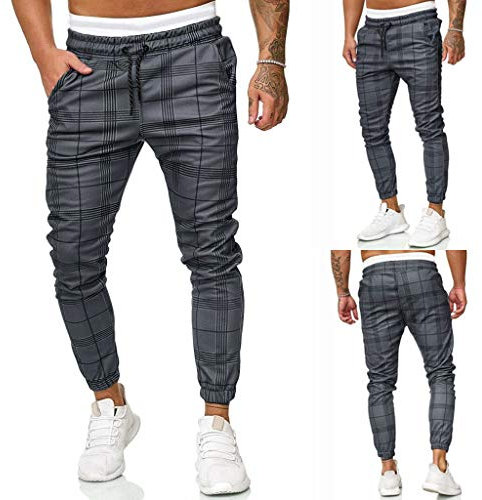 LOIJMK Pantalon de loisirs à carreaux pour homme - Pantalon de jogging long - Pantalon d'extérieur - Coupe ajustée - Respirant - Élastique - Avec poche latérale - Streetwear - Mode Fitness, gris