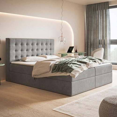 MOTIVENA Costa Boxspringbett 180x200 Grau Samt, mit Bonellfederkern-Matratze (H4), mit T28 Komfortschaumstoff Topper (H3), Boxspringbett 180x200 mit Bettkasten Grau (Hellgrau)