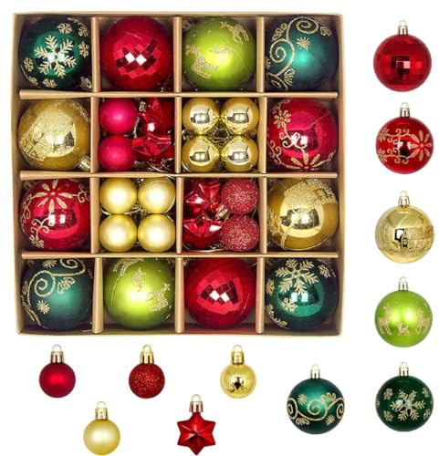 44 Stück Weihnachtskugel, Weihnachtskugeln Kunststoff Christbaumkugel Weihnachtsbaumkugel Weihnachtsbaumschmuck Weihnachtsbaum Bälle Christbaumschmuck Weihnachts Deko (rot&Gold&Grun)