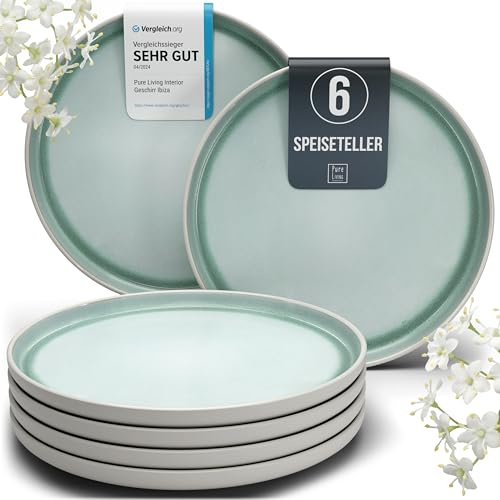 Conjunto de 6 Platos Grandes de Steingut Serie Ibiza - Elegantes Platos de Cena Aptos para Lavavajillas, Microondas y Resistentes a Arañazos - Juego de Platos para 6 Personas en Beige y Turquesa