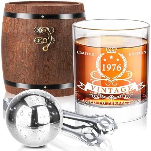 LIGHTEN LIFE Geschenke zum 50. Geburtstag für Männer,1976 Whiskeyglas-Set in Fassbox,Geschenke zum 50. Geburtstag, Geschenkideen zum 50. Geburtstag,Whiskeyglas zum 50. Geburtstag für Vater und Ehemann