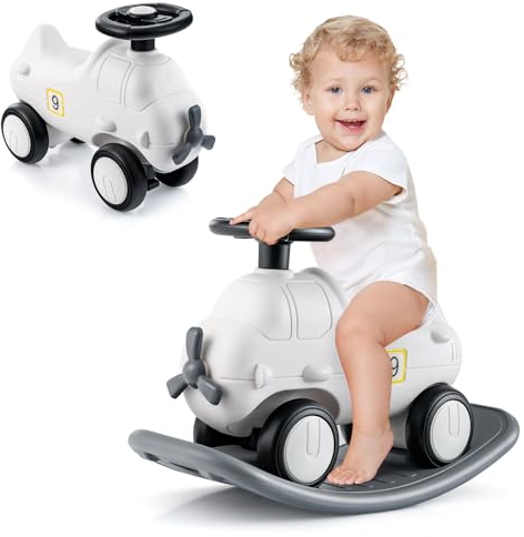 COSTWAY 3 in 1 Schaukelpferd, Schaukeltier & Rutschauto mit abnehmbarem Balance Board, Schaukelwippe mit Rädern, Lenkrad & Rückenlehne, Laufrad-Schaukelspielzeug für 18 bis 72 Monaten (Flugzeug)