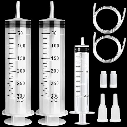 Prebarfun 2 Stück Große Spritze 300ml, 1 Stück 20ml Kunststoff Spritze, Wiederverwendbare Kunststoffspritze mit Schlauch, Dosierspritze, Ölspritze Plastikspritze für Labor Industrie Garten